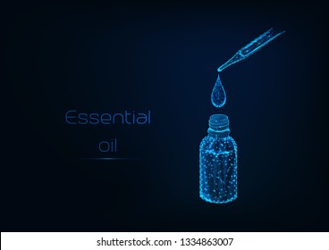 Glowing low polygonal drop of essential oil falls from a pipette into a cosmetic bottle. Aromatherapy, alternative medicine concept. Futuristic wireframe design vector illustration.