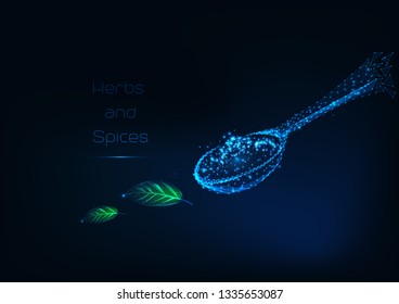 Glowing low polygonal herbs and spices in wooden spoon and text on dark blue background. Asian traditional cuisine, ayurvedic spices. Futuristic wireframe design vector illustration. x