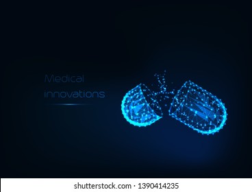 Glowing low polygonal open medicines capsule with powder drugs isolated on dark blue background. Medical innovations concept. Futuristic wireframe design vector illustration.