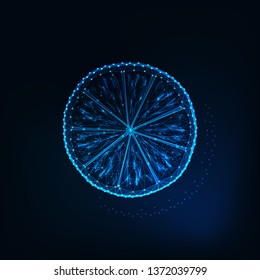 Glowing low polygonal slice of lemon made of stars, lines, triangles isolated on dark blue background. Natural eco citrus fruit, food technology. Futuristic wireframe design vector illustration.