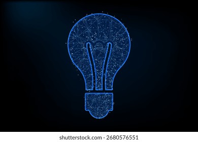 Una bombilla azul brillante y de baja poli compuesta de nodos interconectados 