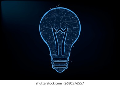 Una bombilla azul brillante y de baja poli compuesta de nodos interconectados 