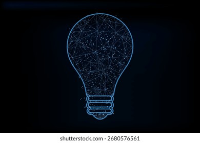 A glowing, low-poly blue lightbulb composed of interconnected nodes 