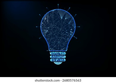 Una bombilla azul brillante y de baja poli compuesta de nodos interconectados 