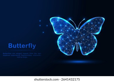 A glowing low-poly butterfly on a dark blue background. Polygonal butterfly silhouette against blue tech-inspired backdrop, Modern vector illustration