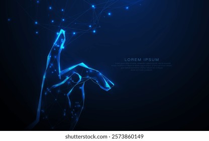 A glowing low-poly hand reaching into a digital network with connecting nodes and lines on a dark blue background