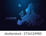 Glowing low-poly map of Europe with connected nodes and gradient typography. European data networks, digital systems, connectivity and modern technology. Futuristic neon blue vector illustration