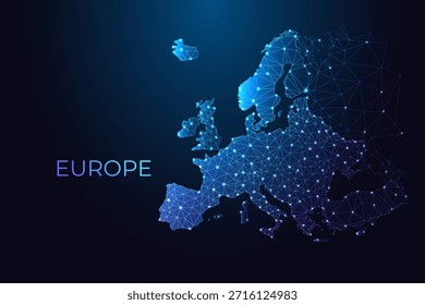 Mapa brillante de baja poli de Europa con nodos conectados y tipografía de gradiente. Redes europeas de datos, sistemas digitales, conectividad y tecnología moderna. Ilustración vectorial azul neón futurista