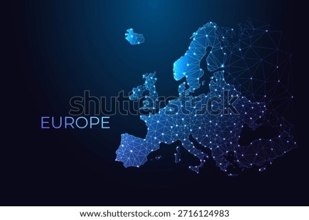 Glowing low-poly map of Europe with connected nodes and gradient typography. European data networks, digital systems, connectivity and modern technology. Futuristic neon blue vector illustration