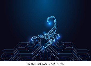 Escorpión de bajo poli brillante por encima de las líneas de la placa de circuito. Amenazas de ciberseguridad, protección digital y concepto de defensa contra malware. Riesgo cibernético, seguridad informática, piratería informática, imágenes de seguridad tecnológica. Ilustración vectorial