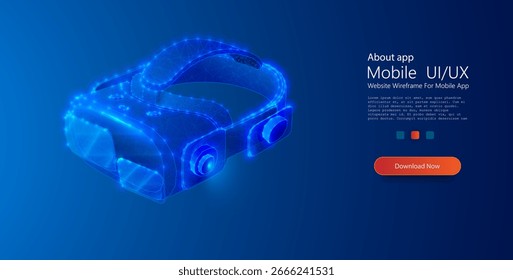 Leuchtendes Low-Poly-Headset für virtuelle Realität in blauem Neon-Drahtmodell, das immersives Gaming, Metaverse, AR, VR-Innovation, Zukunftstechnologie und digitales Design symbolisiert.