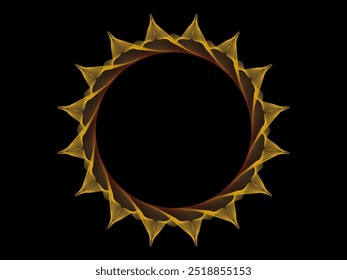 Brilhante luxo linhas de ouro tecendo círculo padrão. Forma redonda brilhante isolada no plano de fundo preto. Ilustração vetorial
