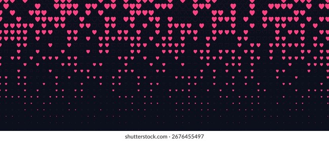 Glowing magenta heart pattern, digital love abstract pixel grid. Romantic mood backdrop, passion, emotion, night tech background for events, apps, web. Scarlet Neon pixel art vector illustration