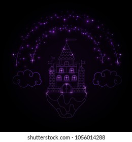 Glowing magic castle. Vector illustration in purple color. Shiny background