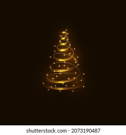 Glühender Weihnachtsbaum. Golden funkelt wunderbare Lichter. Frohe Weihnachten und glückliches neues Jahr 2022. Vektorgrafik.