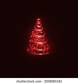 Glowing Magic Christmas Tree. Red twinkling wonderful lights. Merry Christmas and Happy New Year 2022. Vector illustration.