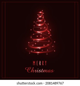 Glowing Magic Christmas Tree. Red twinkling wonderful lights. Merry Christmas and Happy New Year 2022. Vector illustration.