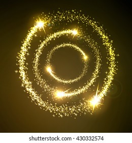 Glowing magic circle salute and firework with sparkle stars. Festive, bright firework for collage and design brochures, poster, wrapping paper, greeting card. Vector illustration.