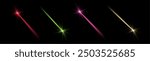 Glowing magic laser beams set. Neon line, presentation pointer. Blue glow flare light effect. Vector illustration. Isolated on black background.