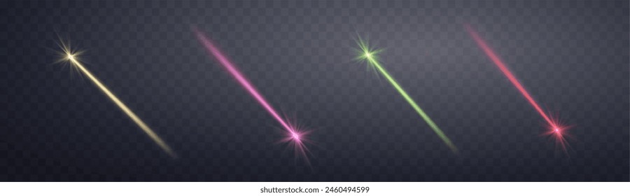 Glowing magic laser beams set. Neon line, presentation pointer. Blue glow flare light effect. Vector illustration. Isolated on dark transparent background.