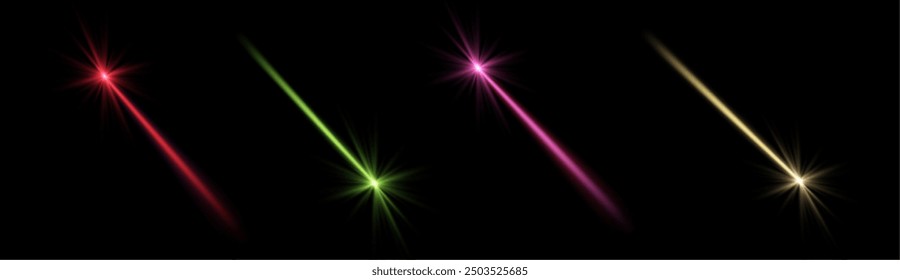 Glowing magic laser beams set. Neon line, presentation pointer. Blue glow flare light effect. Vector illustration. Isolated on black background.