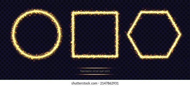 Glowing Magic Light Frames On Black Background. Set Of Shiny Golden Round, Square And Hexagonal Frames.