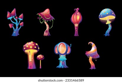 Glowing magic mushroom houses with little doors and windows for fantasy creatures cartoon set on black background isolated vector illustration