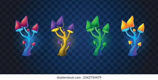 Glowing magic mushrooms cartoon set isolated on transparent background vector illustration