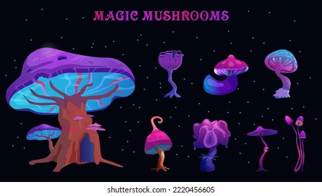 Glowing magic mushrooms vector illustrations set. 