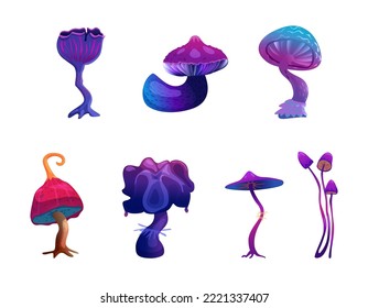 Glowing magic mushrooms vector illustrations set. 