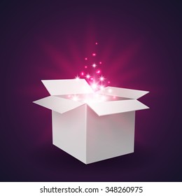 Glowing Magic open gift box with a big surprise. Vector illustration