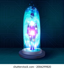 Glowing magic portal, science fiction body teleportation, teleport camera on blue background with human female body silhouette, podium with bright shining hologram