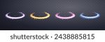 Glowing magic rings set. Neon realistic energy flare rings with sparkling particles. Abstract light effect on a dark transparent background. Vector illustration.