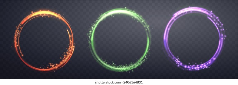 Sonidos de magia verde brillante. Los anillos de halo de la bengala de energía realistas neones. Efecto abstracto de la luz sobre un fondo transparente oscuro. Ilustración vectorial.