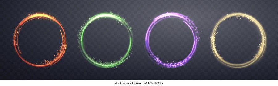 Glowing magic rings set. Neon realistic energy flare rings with sparkling particles. Abstract light effect on a dark transparent background. Vector illustration.