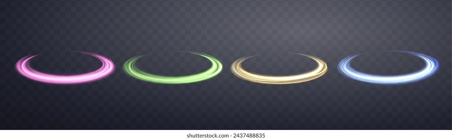 Juego de anillos mágicos brillantes. Anillos de llamarada de energía realista de neón con partículas brillantes. Efecto de luz abstracta sobre un fondo transparente oscuro. Ilustración vectorial.