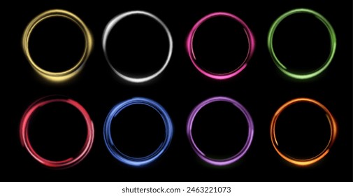 Glowing magic rings set. Neon realistic energy flare rings with sparkling particles. Abstract light effect on a black background. Vector illustration.