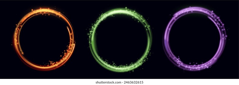Glowing magic rings set. Neon realistic energy flare rings with sparkling particles. Abstract light effect on a black background. Vector illustration.