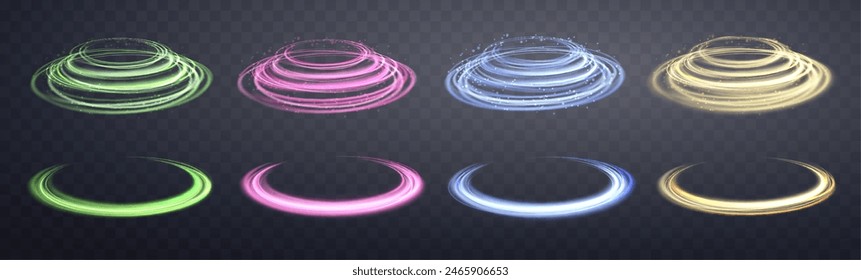 Juego de anillos mágicos brillantes. Anillos de llamarada de energía realista de neón con partículas brillantes. Efecto de luz Abstractas sobre un fondo transparente oscuro. Ilustración vectorial.