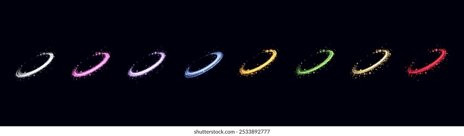Conjunto de anillos mágicos brillantes. Anillos de destello de energía realista de neón con partículas brillantes. Abstractas efecto de luz sobre un fondo oscuro. Ilustración vectorial.