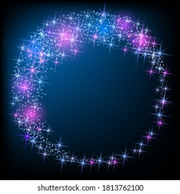 Magnífico marco redondo. Saludos de fantasía y fuegos artificiales brillantes con estrellas de polvo espumoso.
