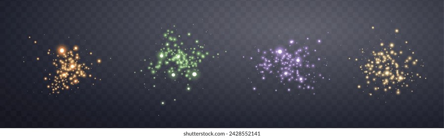 Glowing magic sparkles. Glittering dots, particles and stars. Glow flare light effect. Luminous points different colors. Vector particles on transparent background.