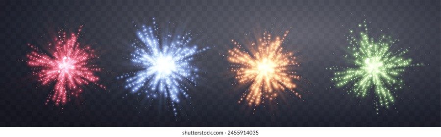 Glühende Magie funkelt. Glitzernde Punkte, Partikel und Sterne. Glow-Flare-Lichteffekt. Leuchtpunkte verschiedene Farben. Vektorgrafik auf durchsichtigem Hintergrund.
