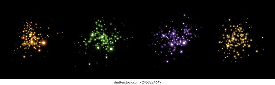 Glowing magic sparkles. Glittering dots, particles and stars. Glow flare light effect. Luminous points different colors. Vector particles on black background.