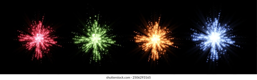 Brillantes destellos mágicos. Puntos brillantes, partículas y estrellas. Efecto de luz de destello brillante. Puntos luminosos de diferentes colores. Partículas de Vector sobre fondo negro.