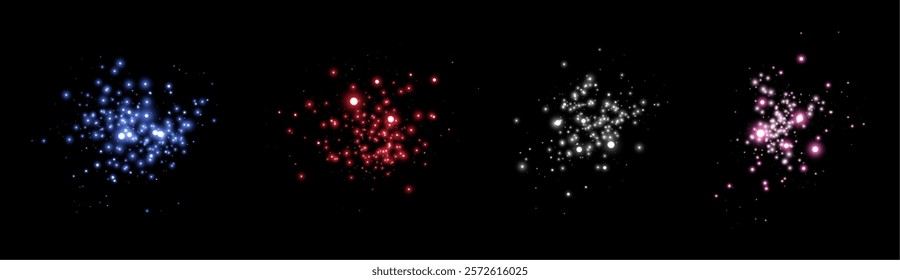 Glowing magic sparkles. Glittering dots, particles and stars. Glow flare light effect. Luminous points different colors. Vector particles on black background.