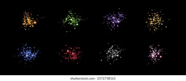 Glowing magic sparkles. Glittering dots, particles and stars. Glow flare light effect. Luminous points different colors. Vector particles on black background.