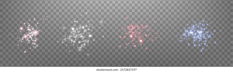 Glowing magic sparkles. Glittering dots, particles and stars. Glow flare light effect. Luminous points different colors. Vector particles on transparent background.