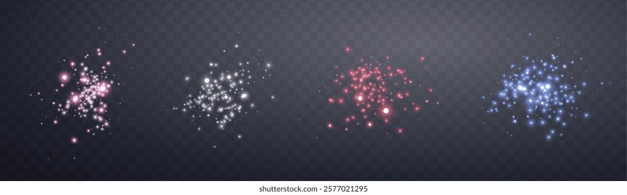 Glowing magic sparkles. Glittering dots, particles and stars. Glow flare light effect. Luminous points different colors. Vector particles on transparent background.