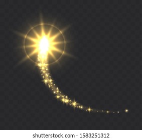 Glowing magic swirl, golden light trail effect with sparkles, waves with flashlights isolated on dark transparent background.